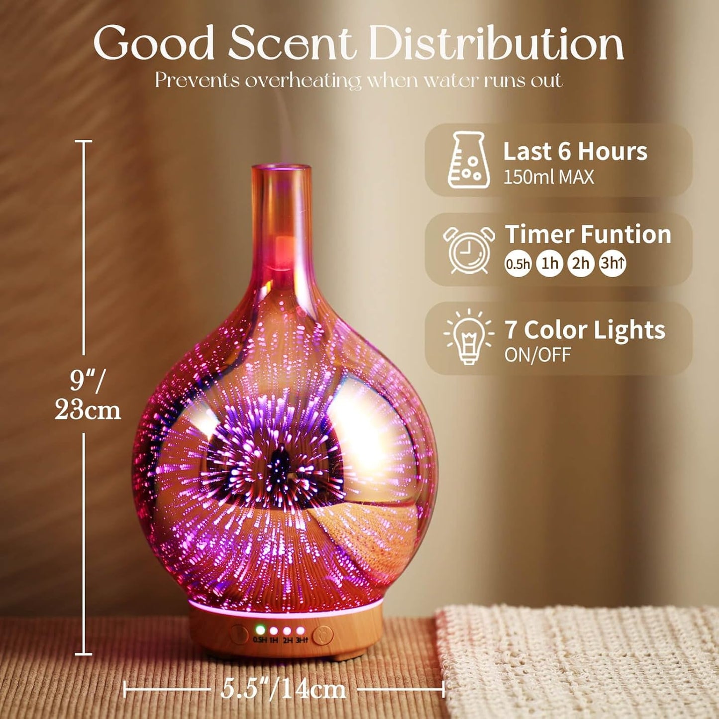Rose Gold Essential Oil Diffuser 3D Glass Aromatherapy Ultrasonic Humidifier, Waterless Auto-Off, Timer Setting, BPA Free, Air Refresh for Home Hotel Yoga Leisure SPA Gift 150Ml