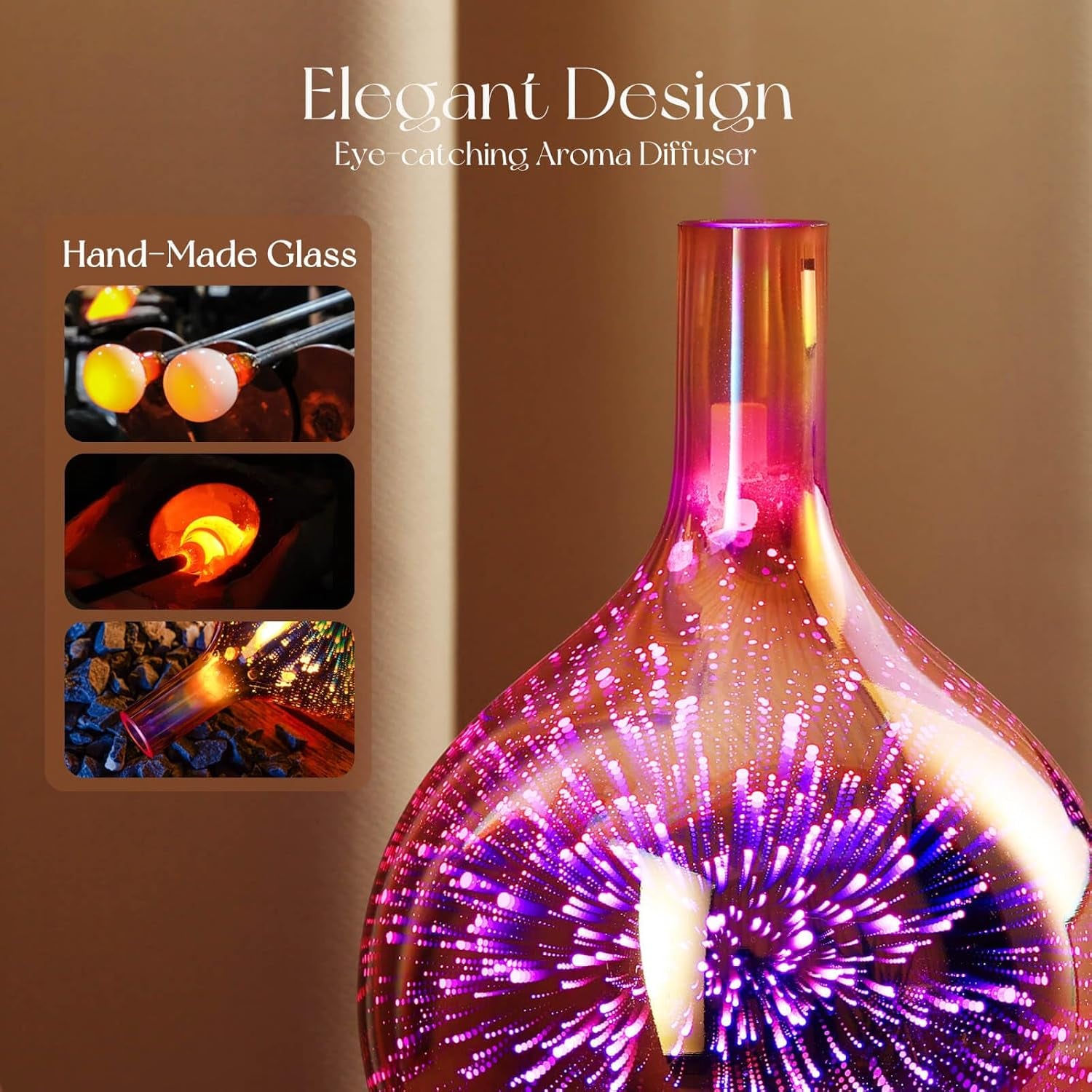 Rose Gold Essential Oil Diffuser 3D Glass Aromatherapy Ultrasonic Humidifier, Waterless Auto-Off, Timer Setting, BPA Free, Air Refresh for Home Hotel Yoga Leisure SPA Gift 150Ml
