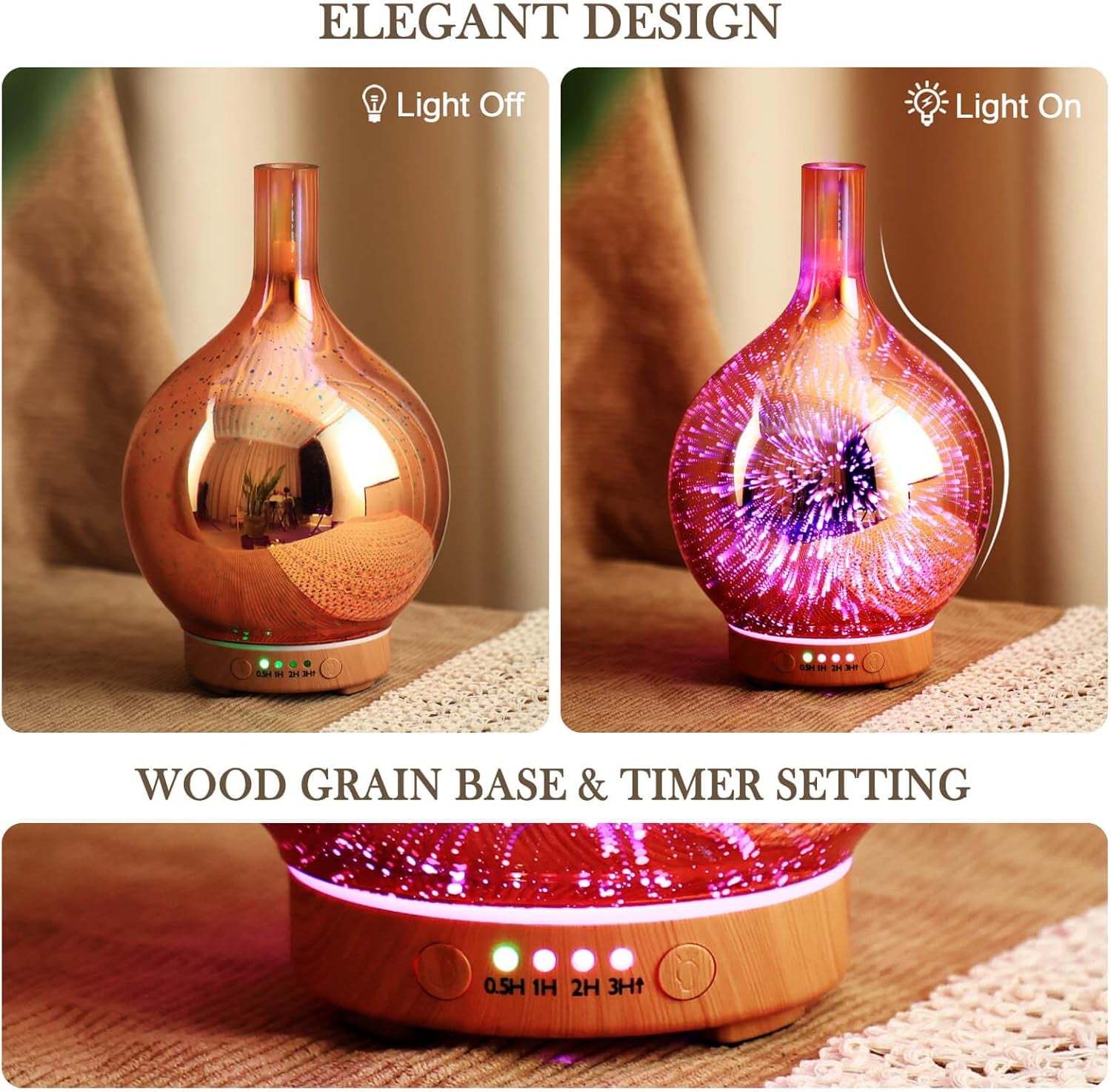 Rose Gold Essential Oil Diffuser 3D Glass Aromatherapy Ultrasonic Humidifier, Waterless Auto-Off, Timer Setting, BPA Free, Air Refresh for Home Hotel Yoga Leisure SPA Gift 150Ml
